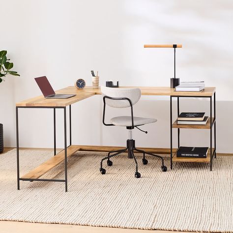 Industrial Storage Modular L-Shaped Desk w/ Open Shelves | West Elm West Elm Desk, Modern Media Storage, Parsons Desk, Modular Desk, Storage Desk, Shaped Desk, Desk Inspiration, Industrial Storage, Blackened Steel