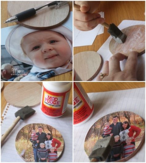 DIY Gift Idea: Wooden Photo Coasters – Mom Endeavors Wood Photo Coasters, Modge Podge Picture On Wood Ornaments, Modge Podge Coasters, Diy Modge Podge Ornaments, Modge Podge Wood Ornaments, How To Modge Podge Pictures On Wood, Modge Podge Picture On Wood, Picture On Wood Diy, Modge Podge On Wood