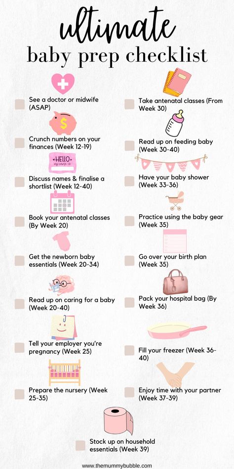 Wondering when to start buying baby stuff? When to prep the nursery? Use this ultimate pregnancy checklist for getting ready for your gorgeous baby to arrive. Getting Ready For Birth, When To Buy Baby Stuff During Pregnancy, Pregnancy Nesting Checklist, Preparing For Baby Checklist, Pregnancy Checklist By Week, Baby Checklist Preparing For, Planning For Pregnancy, 2nd Trimester Checklist, Prep For Pregnancy