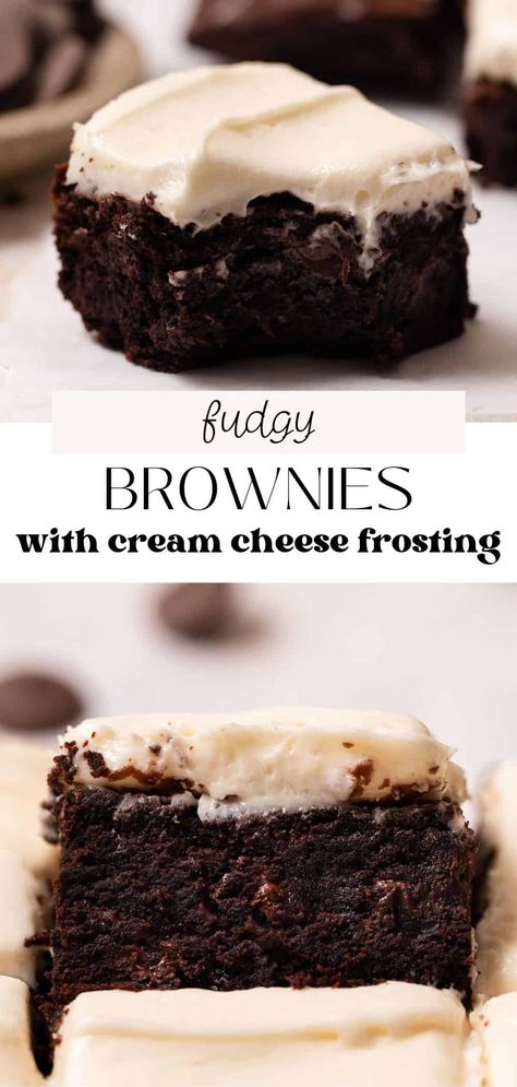 These fudgy brownies with cream cheese frosting are rich and decadent! The brownies have gooey centers and lots of chocolate flavor from melted chocolate and cocoa powder. The smooth, thick layer of cream cheese frosting spread on top adds a slightly tangy flavor and makes the brownies even more delicious! Cream Cheese Frosting For Brownies, Brownies With Icing, Frosting For Brownies, Frosted Brownies Recipe, Brownies With Frosting, Brownies With Cream Cheese Frosting, Brownies With Cream Cheese, Frosted Brownies, Brownie Frosting