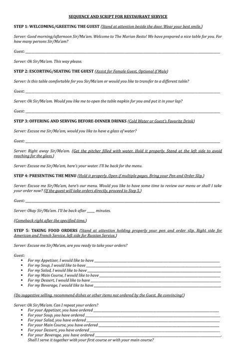 Restaurant-Service-Script - SEQUENCE AND SCRIPT FOR RESTAURANT SERVICE STEP 1: WELCOMING/GREETING - Studocu Banquet Server Checklist, Banquet Server Training, Restaurant Reservation Template, Restaurant Closing Checklist, Sequence Of Service In Restaurant, High School Books, Standing At Attention, Restaurant Service, Nursing Care Plan