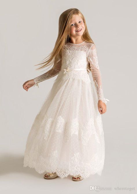 2015 Princess Sheer Tulle Flower Girls Dresses Long Sleeves Custom Made Lace Designer First Communion Dresses Appliques Latest Designer Online with $59.71/Piece on Wheretoget's Store | DHgate.com Designer First Communion Dresses, Girls First Communion Dresses, Flower Girls Dresses, Long Flower Girl Dresses, Cheap Flower Girl Dresses, Girls Dresses Online, First Communion Dress, Tulle Flower Girl, First Communion Dresses