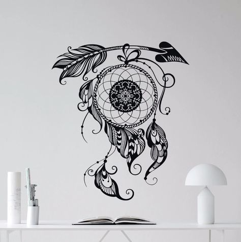 Dream Catcher Wall Painting, Dream Catcher Decal, Mandala Dream Catcher, Arrow Poster, Arrow Wall Decal, Native American Feathers, Dream Catcher Wall, Hanging Diy, Парные Тату