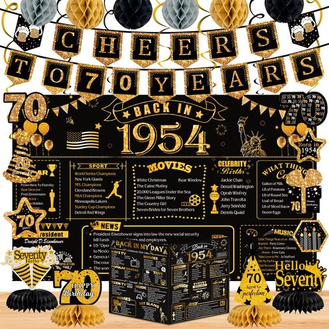 PRICES MAY VARY. Great Value 70th Birthday Decoration Kit 20PCS: 1 Back in 1954 Banner Backdrop, 1 Back in 1954 Poster Card, 1 Cheers to 70 Years Banner, 7 Hanging Swirls, 6 Honeycomb Balls, 4 Honeycomb Table Toppers. The oversized back in 1954 backdrop (70.8 x 43.3 inches/180 x 110 cm) with a variety of 1954 70th birthday decoration supplies will be the perfect photo backdrop to make your happy 70th birthday party more memorable. Pre-strung Cheers to 70 Years Banner & Hanging Swirls: No need to Honeycomb Table, 80th Birthday Decorations, 70th Birthday Decorations, 60th Birthday Decorations, Birthday Decorations For Men, 30th Birthday Decorations, 50th Birthday Decorations, 40th Birthday Decorations, Happy 40th Birthday