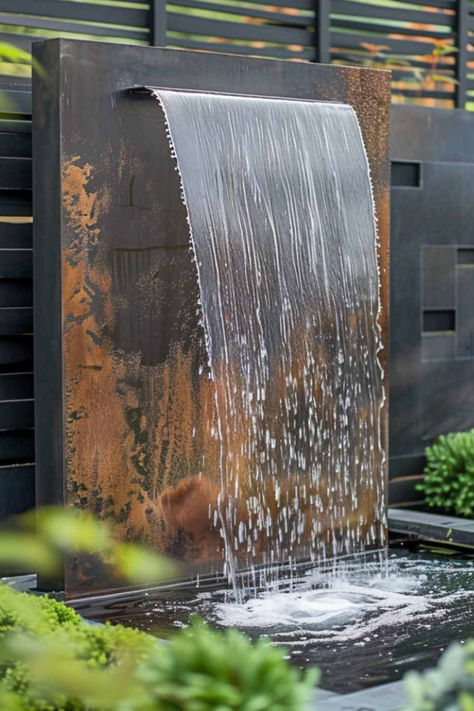 Customizable Metal Fountains: Personalize Your Outdoor Space - Luxury Indoor & Outdoor Fountains For Home Gardens & Commercial Landscapes Small Wall Fountain Outdoor, Metal Fountains Outdoor, Waterfall From Wall, Water Feature For Patio, Outdoor Patio Fountain Ideas, Garden Wall Fountains Outdoor, Metal Water Feature, Waterfall Water Feature, Water Features In The Garden Fountain