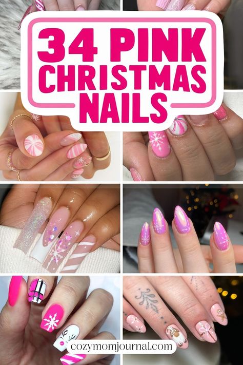 Pink Christmas nail art collage featuring various designs like snowflakes, candy canes, and ornaments. Pink Holiday Nails Acrylic, Pink Nails Snowflakes, Pink Flannel Nails, Pink Nails With Candy Cane, Christmas In Hawaii Nails, Pink And White Holiday Nails, Pink Winter Nail Ideas, New Years Pink Nails, Pink White Christmas Nails