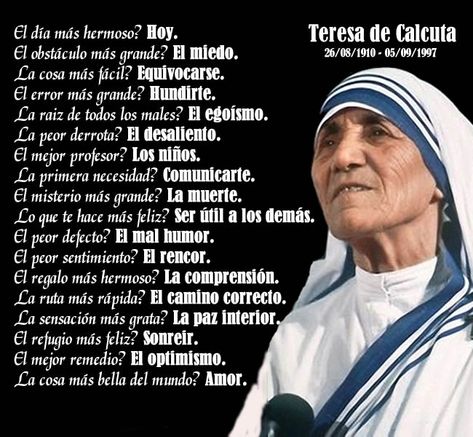 Mensaje Positivo de la Madre Teresa de Calcuta #MadreTeresaDeCalcuta #MensajePositivo #Frasesdevida Dalai Lama Quotes, Saint Quotes Catholic, Saint Quotes, Message Quotes, Catholic Quotes, Feeling Positive, Catholic Prayers, Mother Teresa, Positive Self Affirmations