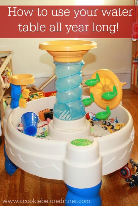 Using your water table indoors. How to use your water table all year long. Water table's just aren't for summer anymore! Repurposed Table, Kids Indoor Playground, Water Tables, Sand And Water Table, Toddler Sensory, Sensory Table, Natural Playground, Water Table, Toddler Play