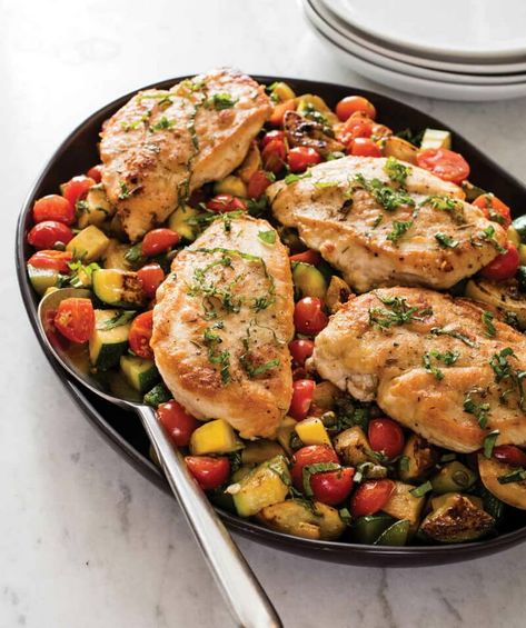 Sautéed Chicken Breasts with Cherry Tomatoes, Zucchini, and Yellow Squash - Daily Mediterranean Diet Cherry Tomatoes Recipes, Sautéed Chicken, Tomatoes Recipes, Yellow Squash Recipes, Zucchini Recipes Healthy, Cherry Tomato Recipes, How To Cook Zucchini, Zucchini Tomato, Seared Chicken Breast