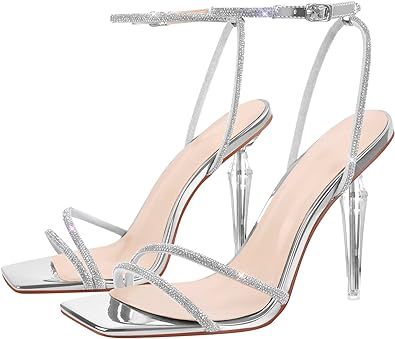 LISHAN Womens' Clear Square Toe Heel Sandals Bow Knot Strappy Stiletto Heels Thigh High Sandals, Matric Dance Dress, Prom Fits, Heel For Women, Summer Sandals Heels, Gladiator High Heels, Clear High Heels, Party Sandals, Glitter High Heels