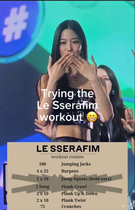 But my parents dont like when i workout for some reason😁 Le Sserafim Workout Routine, La Sserafim Work Out, Antifragile Le Sserafim Lyrics, Le Sserafim Antifragile Dance Practice, Le Sserafim Antifragile Music Video, Squat Hold, Jump Squats, Jumping Jacks, Burpees