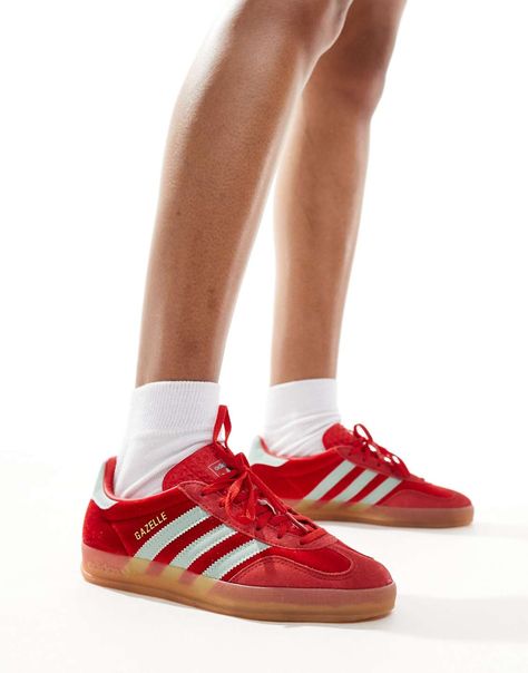 adidas Originals - Gazelle Indoor - Baskets en velours - Rouge/bleu | ASOS Adidas Originals Gazelle, Red Trainers, Adidas Branding, Flip Flop Boots, Leopard Print Baby, Baskets Adidas, White Trainers, Adidas Gazelle, Adidas Samba