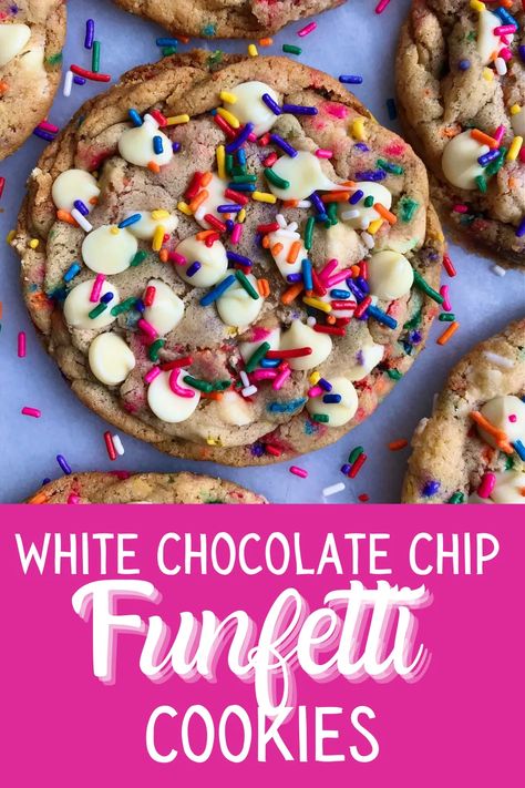 White Chocolate Chip Dessert Recipes, Funfetti Chip Recipes, White Chocolate Sprinkle Cookies, Funfetti White Chocolate Chip Cookies, Funfetti Chocolate Chip Cookies, White Chocolate Chip Desserts, Funfetti Sandwich Cookies, Desserts With White Chocolate Chips, White Chocolate Chip Recipes