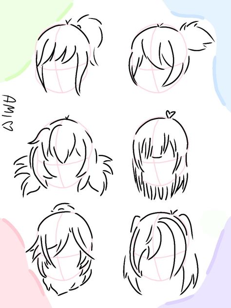 Hair Drawing Reference Easy, Ponytail Hair Reference Drawing, Drawing Hair Texture, How To Draw Cute Hairstyles, Cute Art Styles Hair, Fluffy Bangs Drawing, Hair Drawing Reference Chibi, Hair Drawing Pigtails, Pig Tail Drawing