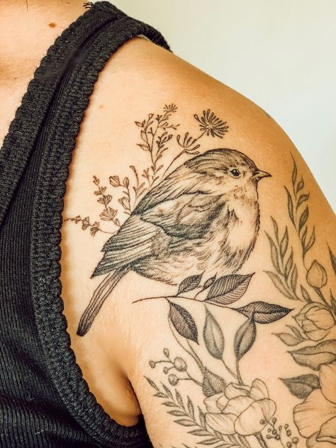 Fern And Bird Tattoo, Wild Flower And Bird Tattoo, Botanical Bird Tattoo, Bobwhite Quail Tattoo, Floral Tattoo Sleeve Men, Tattoo Men Flower, Lion Floral Tattoo, Shoulder Bird Tattoo, Bird Sleeve Tattoo