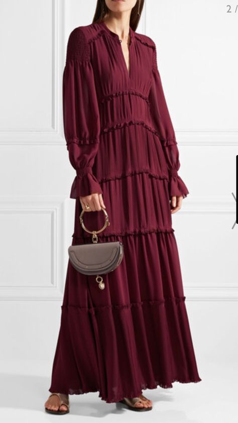 Modest Party Dress, Satin Blouse Outfit, Burgundy Maxi Dress, Stella Dress, Designer Maxi Dress, Designer Midi Dresses, Pleated Chiffon, Chiffon Maxi, Gowns With Sleeves