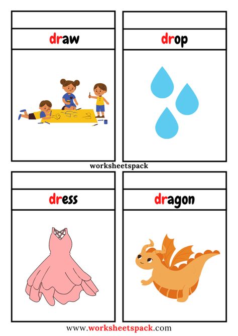 Free Dr Blend Words with Pictures, Dr Consonant Blend Flashcards - worksheetspack Consonants Blends, Flashcards For Kindergarten, Phonics Posters, Printable Flashcards, Blending Sounds, Consonant Blends, Blend Words, Barbie Logo, Kindergarten Worksheets Printable