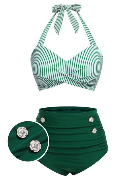 Green 1940s Striped Halter Swimsuit Set Vintage Inspired Swimsuit, Retro Stage, Wife Style, Retro Swimwear, Summer Style Guide, Halter Swimsuit, Halter Tankini, Standard Dress, Green Swimsuit