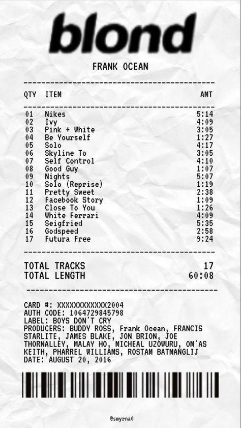 Frank Ocean Receipt, Frank Ocean Album Poster, Frank Ocean Concert, Blond Frank Ocean, Frank Ocean Lyrics, Blonde Album, Frank Ocean Songs, Frank Ocean Album, Album Receipt