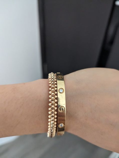 Cartier Small Love Bracelet Stack, Cartier Love Bracelet Stack Diamond, Love Bracelet Cartier Stack, Clash De Cartier Bracelet Stack, Cartier Bracelet Stack, Cartier Clash Bracelet, Cartier Love Bracelet Diamond, Streetwear Outfits Aesthetic, Luxury Stackable Gold-plated Bracelet