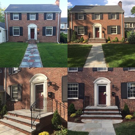 Brick Front Steps, Front Steps Makeover, Red Brick Colonial, Brick Colonial House, Side Walkway, Redwood Fence, Front Yard Walkway, Yard Walkway, Georgian Colonial