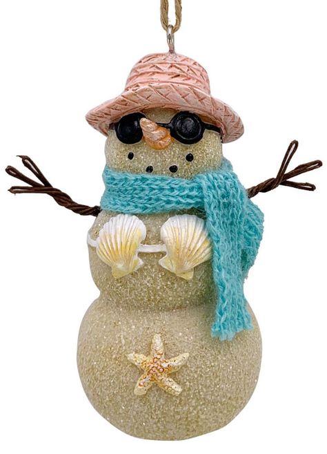 Christmas Beach Crafts Diy, Diy Sand Snowman, Nautical Christmas Decor Diy, Beach Theme Christmas Tree Ornaments Diy, Beach Theme Christmas Tree Ideas, Beachy Christmas Ornaments, Shell Snowman, Beach Snowman, Sand Snowman