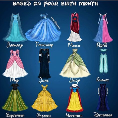 Artistic Land on Instagram: “Which Princess Dress are You? Based on Your Birth Month 👗 January-Elsa February-Cinderella March-Mulan April-Aurora May-Ariel June-Merida…” Disney Princess Zodiac, Based On Your Birth Month, Merida Dress, Zodiac Sign Fashion, Foto Disney, Image Princesse Disney, Prințese Disney, Wallpaper Disney, Anna Dress