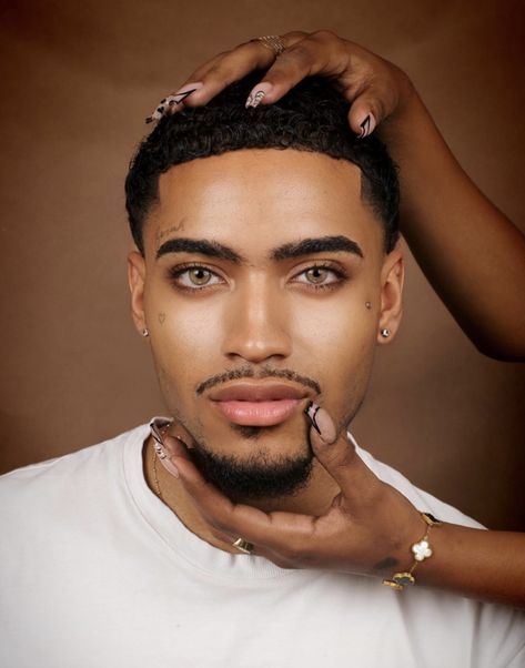 Goatee And Mustache Style Black Men, Men With Long Lashes, Stubble Beard Black Men, Straight Eyebrows Men, Black Man Makeup, Guys With Big Eyes, Thick Eyebrows Men, Beard Styles For Men Black, Black Guys With Beards