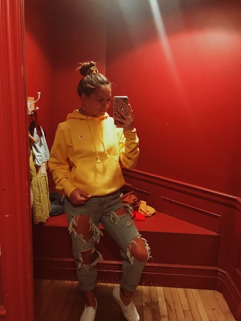 Yellow Champion Hoodie Yellow Hoodie Outfit, Yellow Champion Hoodie, Champion Outfit, Yellow Clothing, Hoodie Outfits, Funny Text Posts, Yellow Hoodie, Yellow Outfit, Champion Hoodie