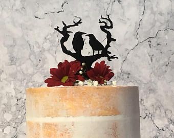 Tangled Tree, Goth Cakes, Gothic Wedding Cake, Two Ravens, Gothic Cake, Halloween Wedding Cakes, Wedding Goblets, Bride And Groom Silhouette, Sitting Together