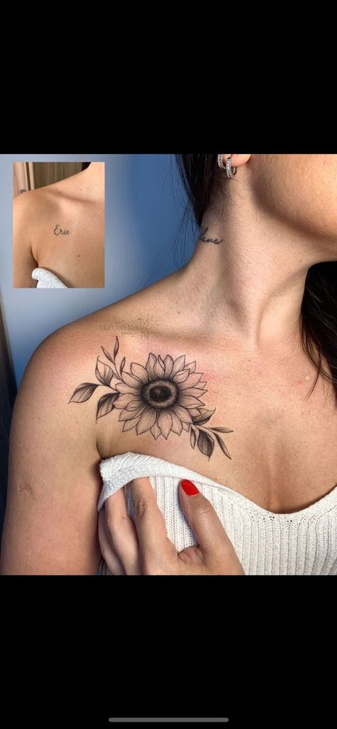 Sunflower Shoulder Tattoo, Simple Neck Tattoos, Chest Tattoo Female Upper, Flower Cover Up Tattoos, Sunflower Tattoo Simple, Shoulder Tats, Sunflower Tattoo Shoulder, Bouquet Tattoo, Naruto Tattoo