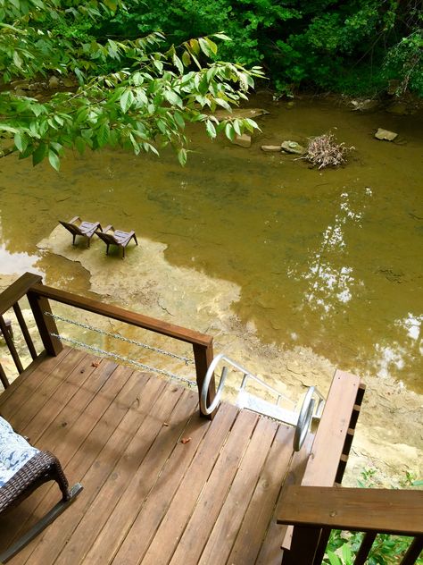 ❤️view from top of deck looking down to creek bed River Deck Design, Deck Over Creek, Creek Dock, Small Landscape Design, River Dock, Swimming Pool Pond, Landscape Design Ideas, Small Landscape, Raised Deck