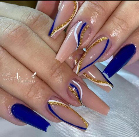 Blue Gold Nails, Aqua Nails, Sassy Nails, Fancy Nails Designs, Blue Acrylic Nails, Stylish Nails Designs, Short Square Acrylic Nails, Long Acrylic Nails Coffin, Short Acrylic Nails Designs