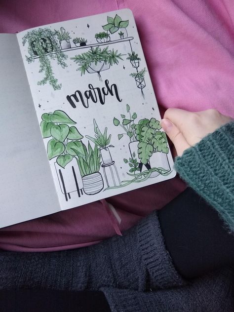 Plants Cover Page, Plant Journal Aesthetic, Bujo Plants Theme, Plant Scrapbook Ideas, Journal Ideas Plants, Bujo March Cover, Plant Journal Ideas, March Bujo Theme, March Bujo Cover