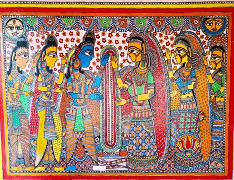 Ram Vivah Mithila Painting made on Wall.This painting is made by Artist Sohan Kumar Jha of Kalagram Jitwarpur at Padmashree Sita Devi House. Ram Sita Vivah Madhubani Painting, Ram Vivah, Sita Devi, Mithila Art, Mithila Painting, Ram Sita, Madhubani Paintings, Kalamkari Painting, Clay Jar