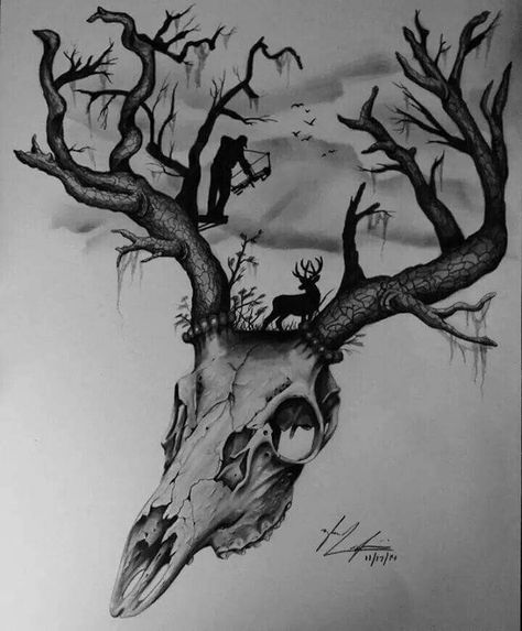 Pretty cool. Skull Tree Tattoo, Deer Hunting Tattoos, Tattoo Crane, Inner Wrist Tattoos, Outdoor Tattoo, Deer Skull Tattoos, Deer Tattoo Designs, Hirsch Tattoo, Hunting Tattoos