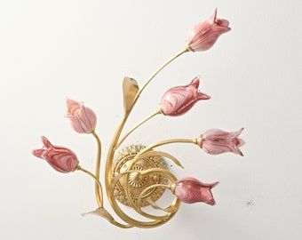 Flower Lamp Shade, Brass Wall Sconces, Art Nouveau Lamps, Flower Lamp, Wall Lamps Bedroom, Hallway Bedroom, Tulip Flower, Pink Wall, Brass Wall