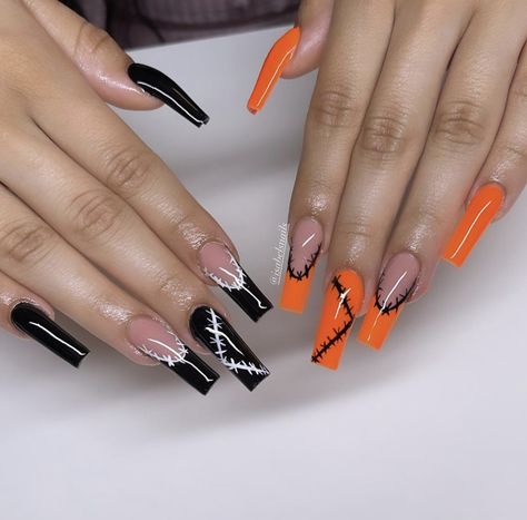 Orange Nails Acrylic Halloween, Short Orange Halloween Nails, Halloween Nails Ballerina Shape, Black Orange Nails Halloween, Simple Halloween Nails Black And Orange, October Nails 2024 Halloween, Simple Halloween Nails Orange, Orange Halloween Nails Short, Black Halloween Nails Square