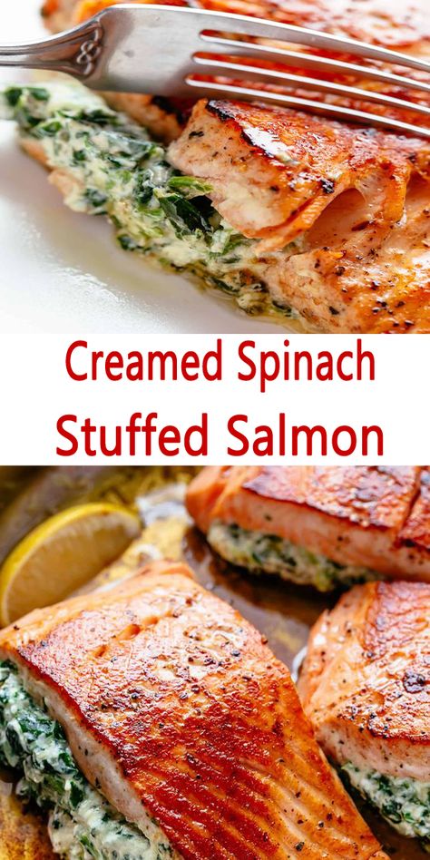 Creamed Salmon, Salmon Spinach Recipes, Spinach Stuffed Salmon, Creative Meals, Baked Salmon Recipe, Stuffed Salmon, Salmon Glaze Recipes, Tasty Lunch, Easy Baked Salmon