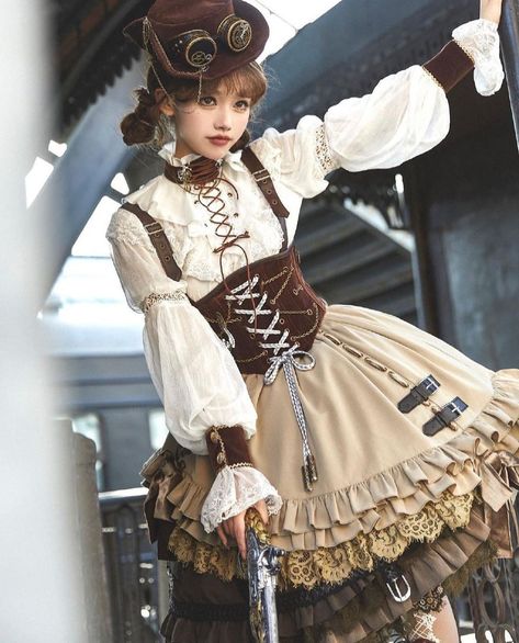 Brown Steampunk Aesthetic, Light Steampunk Aesthetic, Cute Steampunk Outfits, Steam Punk Aesthetic Outfit, Steam Punk Oc, Steam Punk Outfits Women, Steam Punk Clothes, Casual Steampunk Outfits, Sence Style