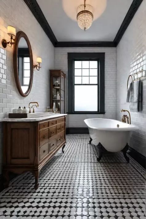 Elegant vintage bathroom with clawfoot tub and mosaic flooring French Tiles Bathroom, Vintage Penny Tile Bathroom Floor, 1920s Inspired Bathroom, Vintage Goth Bathroom, Bathroom 1920s Style, Vintage Cottage Bathroom Ideas, Vintage Bathrooms Ideas, Bathroom With Clawfoot Tub Ideas, Bathroom French Style