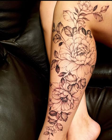 Floral Leg Piece Tattoo, Womens Calf Tattoo Ideas Flowers, Floral Lower Leg Tattoos For Women, Flower Calf Tattoos For Women, Women Leg Sleeve Tattoo Ideas Flowers, Leg Sleeve Tattoos Female Flowers, Flower Shin Tattoos For Women, Peony Leg Sleeve Tattoo, Flower Leg Tattoos Women Calves