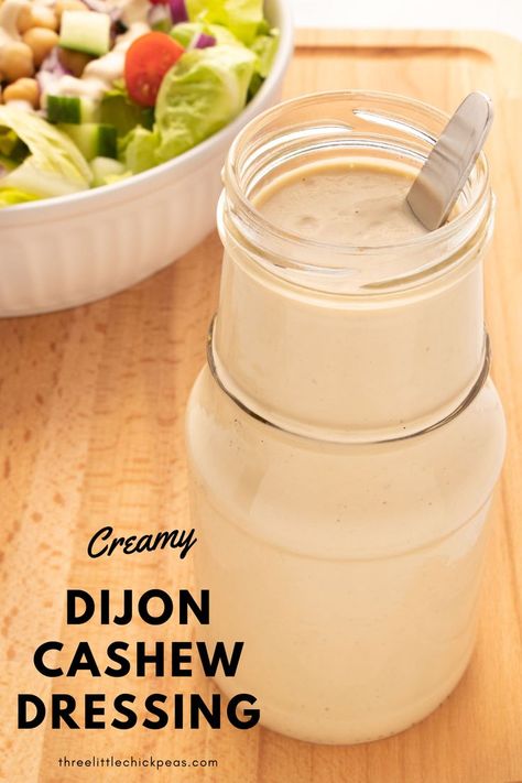 Dijon cashew dressing in a jar with a spoon. Cashew Cream Dressing, Cashew Butter Dressing, Dip For Veggies, Vegan Salad Dressing Recipes, Vegan Dressings, Dairy Free Dressing, Cashew Dressing, Creamy Dijon, Vegan Easter Recipes