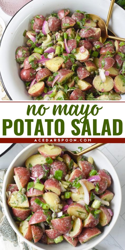 Make your Labor Day party a hit with this easy no mayo potato salad recipe! It's perfect for summer BBQs. This light and fresh dish is both tasty and simple to prepare. Enjoy a classic favorite easy Labor Day party food idea! No Mayo Potato Salad, Mayo Potato Salad, Nutritious Recipes, Quick Dinners, Salad Recipes For Dinner, Veggie Salad, Spring Salad, Healthy Side, Best Side Dishes