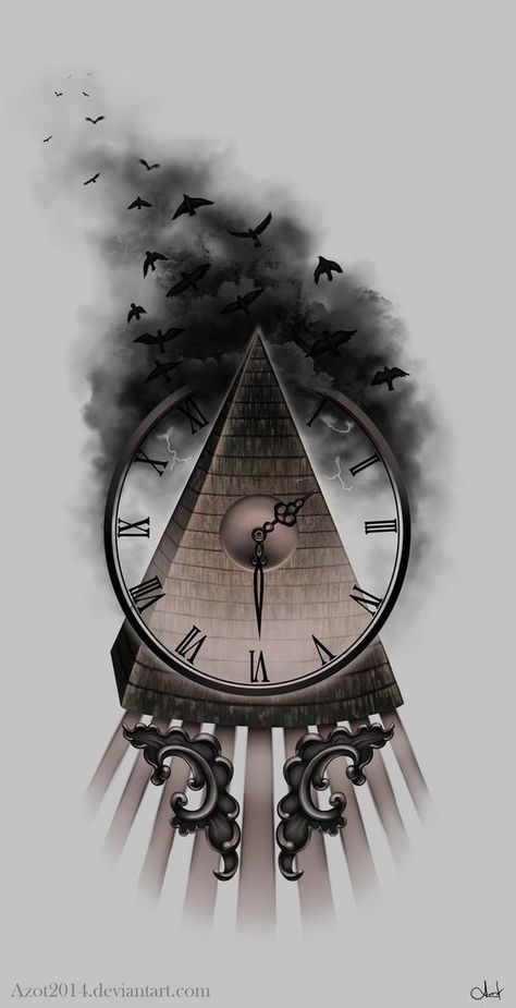 Tattoo - Broken time by Azot2014: Tatto Clock, Pyramid Tattoo, Clock Tattoo Design, Scorpion Tattoo, Watch Tattoos, Egyptian Tattoo, Geniale Tattoos, Clock Tattoo, Detailed Tattoo