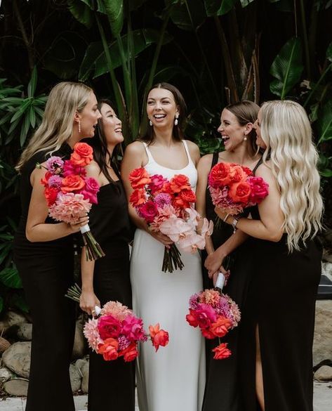 We love the stunning pop of colour with these bright bouquets💐  Repost IG: @zoemorleyphotography  #weddingdresses #bridesmaiddresses #blackbridesmaiddresses #weddinginspo #weddinginspiration #weddingideas #weddingplanning #weddingday #bridalbouquets #bridesmaids #bride #bridalparty #summerwedding #springwedding Colourful Wedding Bouquet Bridesmaid, Black And White Weddings With A Pop Of Color, Black And White Wedding With A Pop Of Colour, Orange And Pink Wedding Bridesmaid, Pink Orange Red Bouquet, Black And White Wedding With Pink Flowers, Black Wedding With Bright Flowers, Black With Bright Colors Wedding, Black Pink Orange Wedding