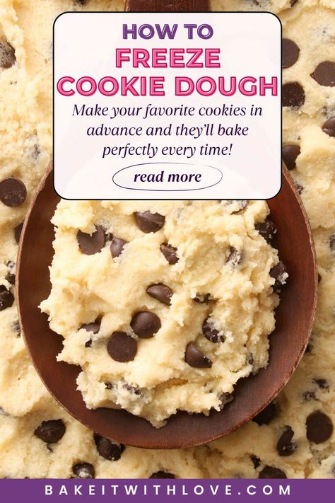 Raw chocolate chip cookie dough with text title header block overlay. Freeze Cookies Best Way To, Cookie Recipes That Freeze Well, Freezable Cookie Dough, Freezing Cookie Dough, Freezer Cookie Dough, Freeze Cookies, Freeze Cookie Dough, Freezable Cookies, Chocolate Chip Cookie Dough Recipe