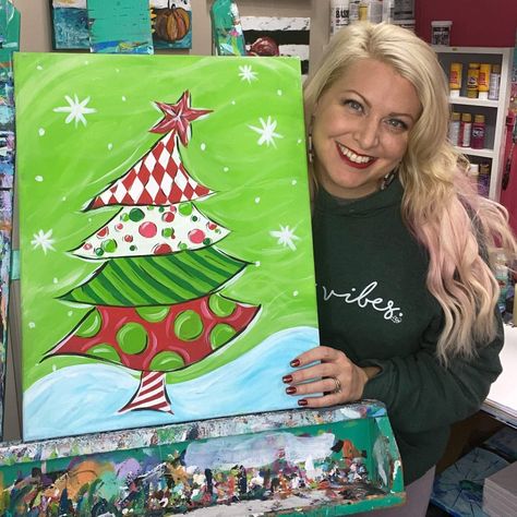 Painting Christmas Ideas, Tree Painting Simple, Social Easel, Whimsical Christmas Tree, Christmas Tree Drawing, Toddler Painting, Tree Painting Canvas, Paint Studio, Whimsical Christmas Trees