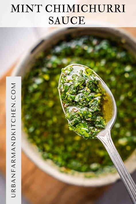 Mint Chimichurri Sauce Recipe (with Pomegranate Molasses) Mint Chimichurri Sauce, Mint Chimichurri, Cilantro Chimichurri, Chimichurri Sauce Recipe, Crusted Rack Of Lamb, Shrimp Marinade, Chimichurri Recipe, Herb Sauce, Pomegranate Molasses