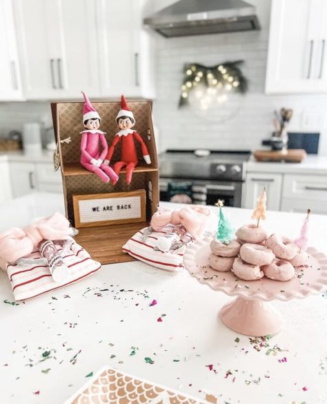 I’m Back Elf On The Shelf Cookie, Elf On The Shelf Easter Ideas, Elf Welcome Back Breakfast, Elf On The Shelf Delivery Ideas, Elf Arrival Breakfast, Elf On The Shelf Breakfast Arrival, Elf On The Shelf Girly Ideas, Elf First Arrival Ideas, Buddy The Elf Breakfast